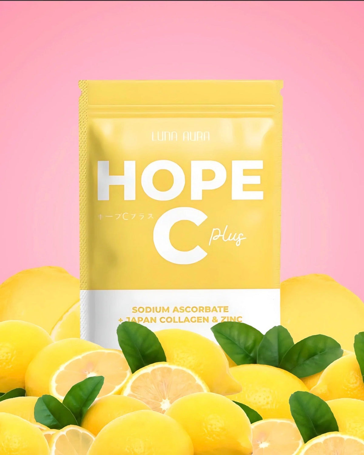 Sachet jaune Hope C Plus de Luna Aura entouré de citrons frais